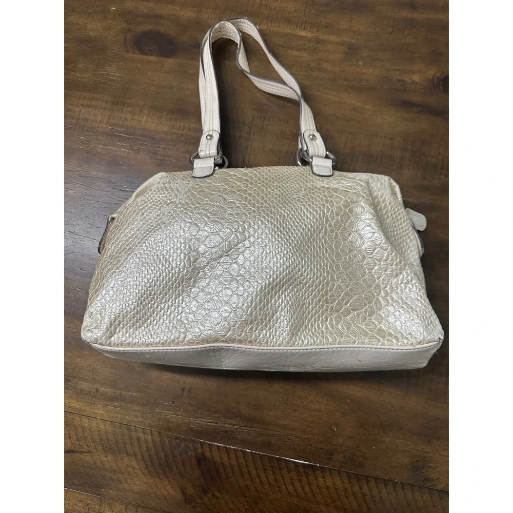 XOXO Cream‎ Faux Snakeskin Embossed Satchel Handbag with Bow Detail Silver Logo